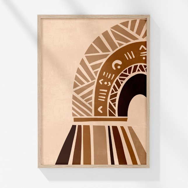 Boho Neutrale Abstrakte Regenbogenwand Poster (Boho Neutral Abstract Tribal Rainbow Wall Art in a wooden frame on a sunny white wall.)