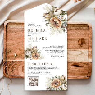 Boho neutrale erdige florale taupe QR-Code-Hochzei All In One Einladung