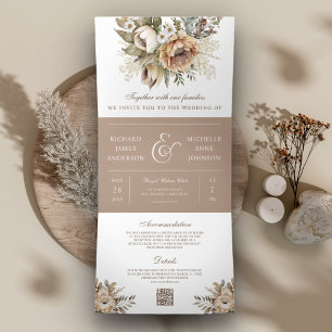 Boho neutrale erdige florale taupe QR-Code-Hochzei Dreifach Gefaltete Einladung