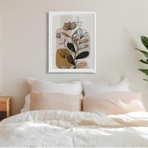Boho-Neutrale Florale Linienkunst Beige Terrakot Leinwanddruck