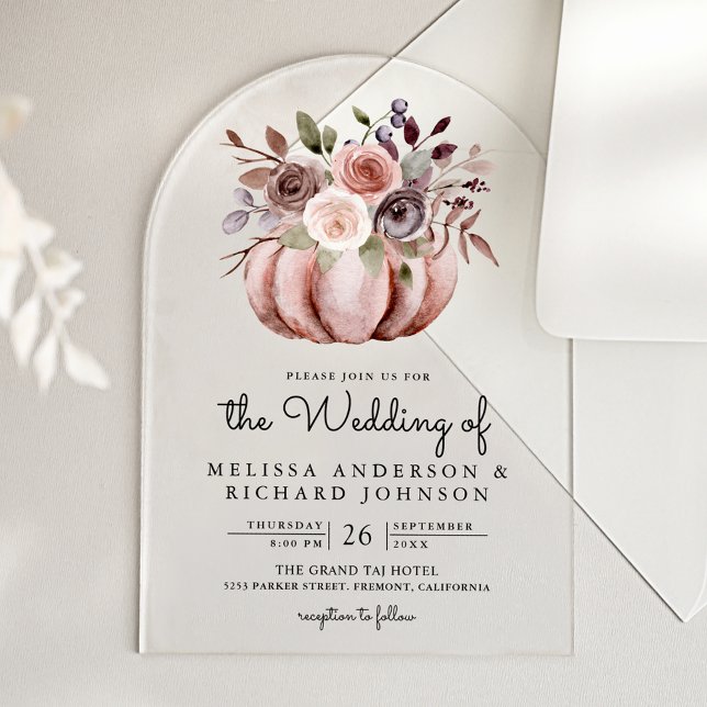 Boho Neutrale Kürbis-Blumen-Hochzeit Acryleinladungen (Von Creator hochgeladen)