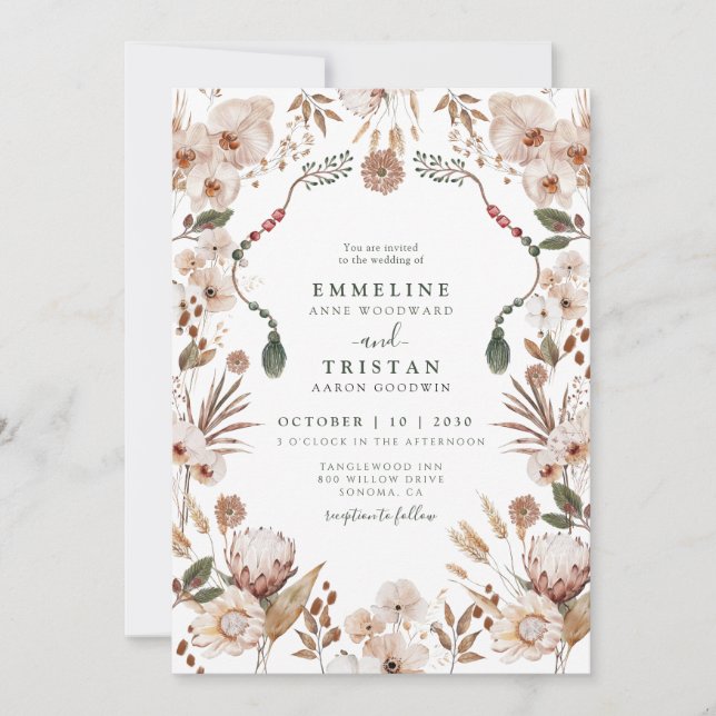 Boho-neutrale Wildblumen Hochzeit Einladung (Vorderseite)