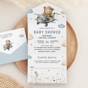 Boho-Neutraler Teddybär-Blaues-Flugzeug-Baby-Party All In One Einladung