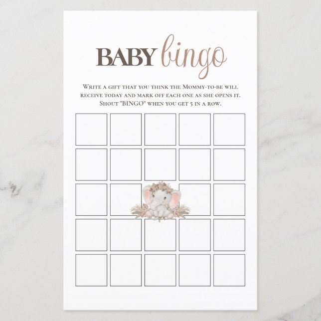 Boho Niedlich Elephant Baby Bingo Baby Showspiel (Vorderseite)