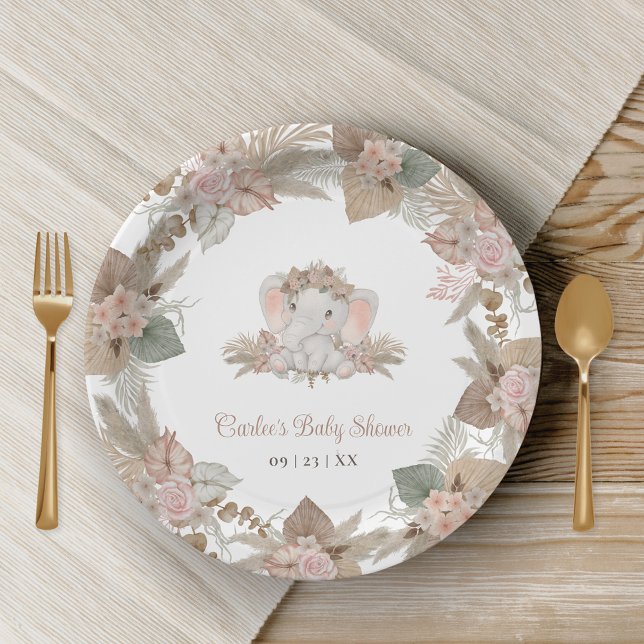 Boho Niedlich Elephant Gender Neutral Baby Dusche Pappteller (Boho Elephant Baby Shower Paper Plates with Blush Pink Neutral Floral Tones)