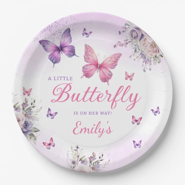 Boho Niedliche Lila Butterfly Floral Girl Babydusc Pappteller (Vorderseite)