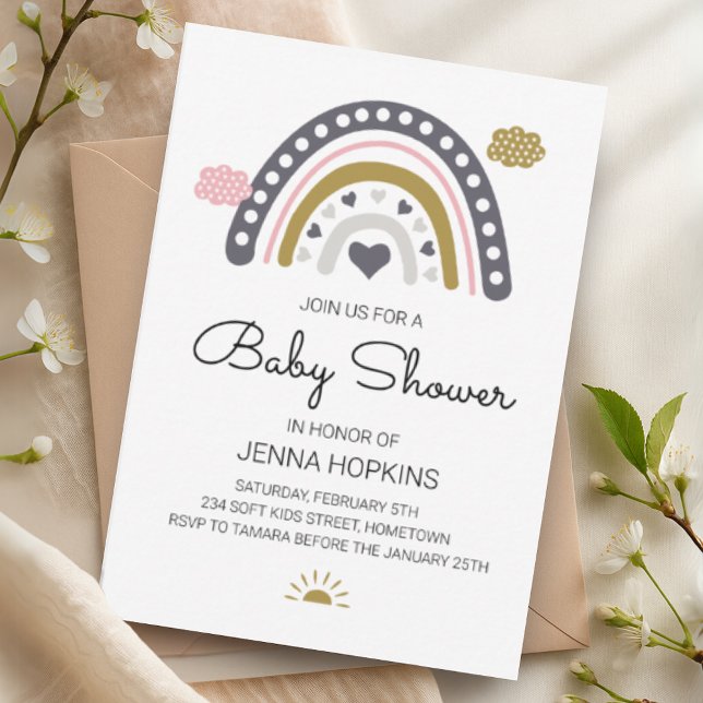 Boho Nordic Rainbow Baby Dusche Grau Einladung (Boho Nordic Rainbow Baby Shower Grey Invitation)