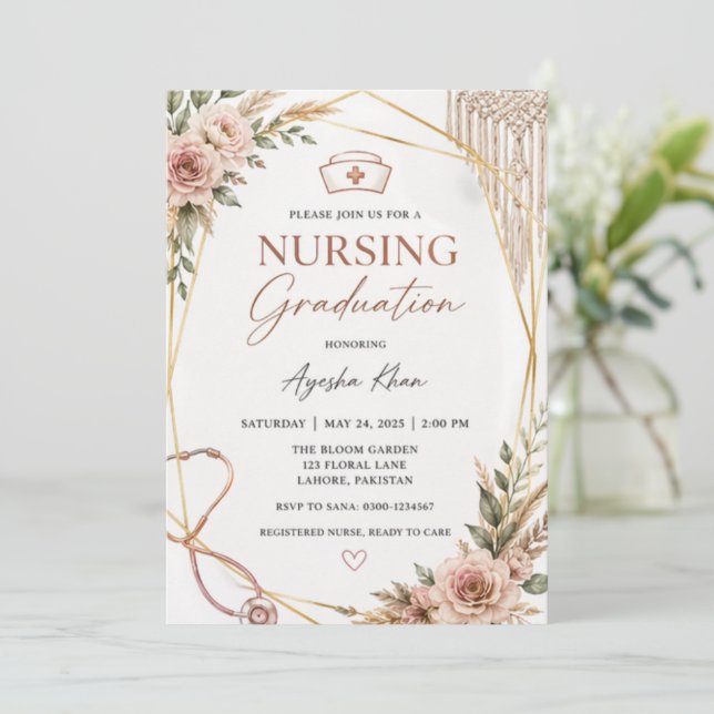 Boho Nursing Graduation Invitation with Stethoscop Einladung (Stehend Vorderseite)