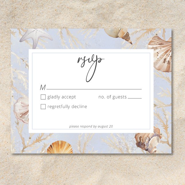 Boho Ocean Dusty Blue auf der Hochzeit am Strand RSVP Karte (Von Creator hochgeladen)
