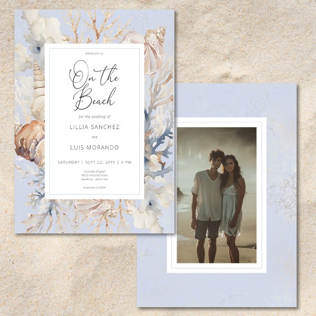 Boho Ocean Dusty Blue On Beach Foto Hochzeit Einladung (Von Creator hochgeladen)