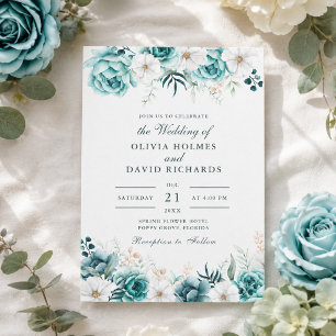 Boho Off-White Aquamarine Wildblumen Hochzeit Einl Einladung