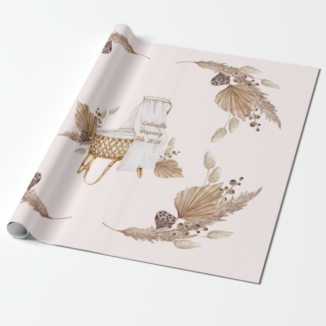 Boho Oh Baby Brown Rosa Name Anreisedatum Geschenkpapier (Ungerollt)