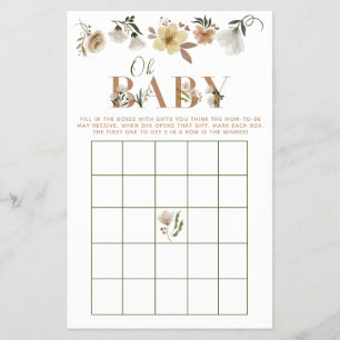 Boho Oh Baby Floral Baby Dusche Bingo Spiel Flyer