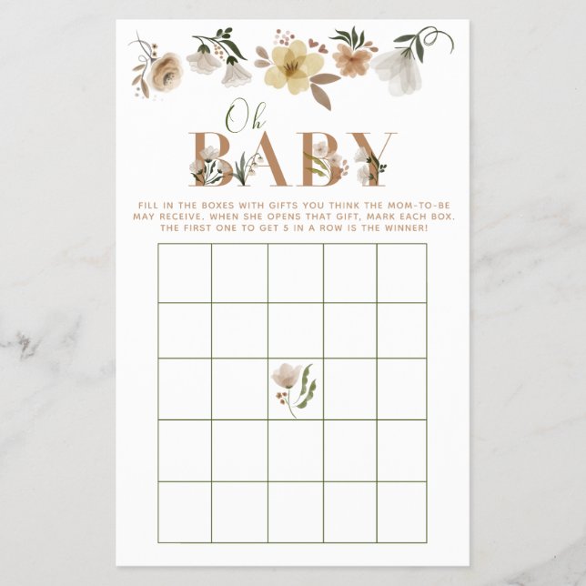 Boho Oh Baby Floral Baby Dusche Bingo Spiel Flyer (Vorne)