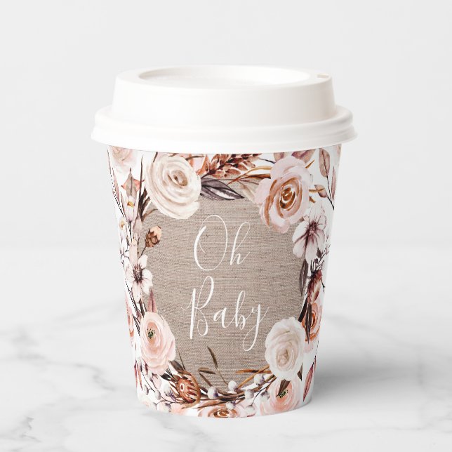Boho Oh Baby Floral Burlap Paper Cups Pappbecher (Vorderseite)