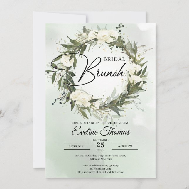 Boho Olive foliage white roses gold Bridal Brunch Einladung (Vorderseite)