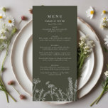 Boho Olive Green Wildblume Wedding Flat Menu Menükarte<br><div class="desc">Erhöhen Sie Ihren Hochzeitsempfang mit unserem Boho Olive Green Wildblume Wedding Flat Menu. Dieses atemberaubende Menü, das auf das moderne böhmische Paar abgestimmt ist, zeichnet sich durch ein zartes Wildblume Motiv-Set vor einem ruhigen, olivengrünen Hintergrund aus. Diese Karte ist perfekt, um den Tischeinstellungen eine Touch rustikaler Eleganz hinzuzufügen. Sie ist...</div>