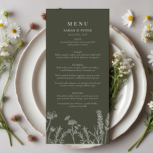 Boho Olive Green Wildblume Wedding Flat Menu Menükarte