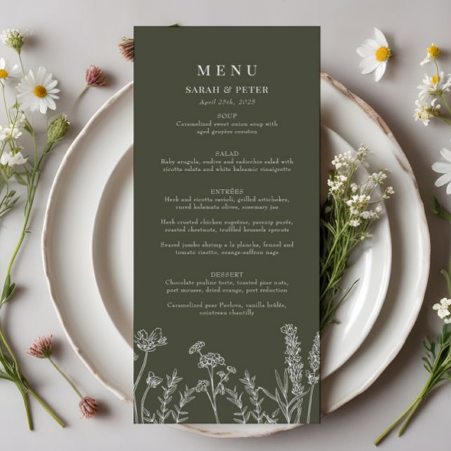 Boho Olive Green Wildblume Wedding Flat Menu Menükarte (Von Creator hochgeladen)