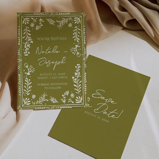 Boho Olive Handgezeichneter Blumengarten - Save-th Save The Date (Von Creator hochgeladen)