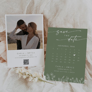Boho Olive Wildflower QR-Code Foto-Kalender Save The Date