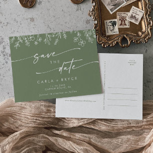Boho Oliven Grün Wildblumen Hochzeit Merken Sie si Einladungspostkarte