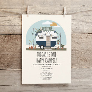 Boho One Happy Camper 1. Geburtstagsfeier Blau Einladung