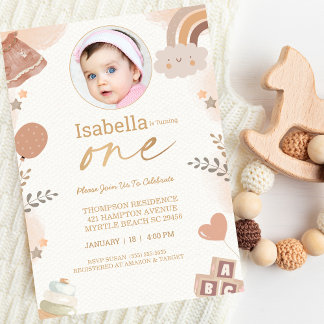 Boho One Year Girls Foto Geburtstagsparty Einladung