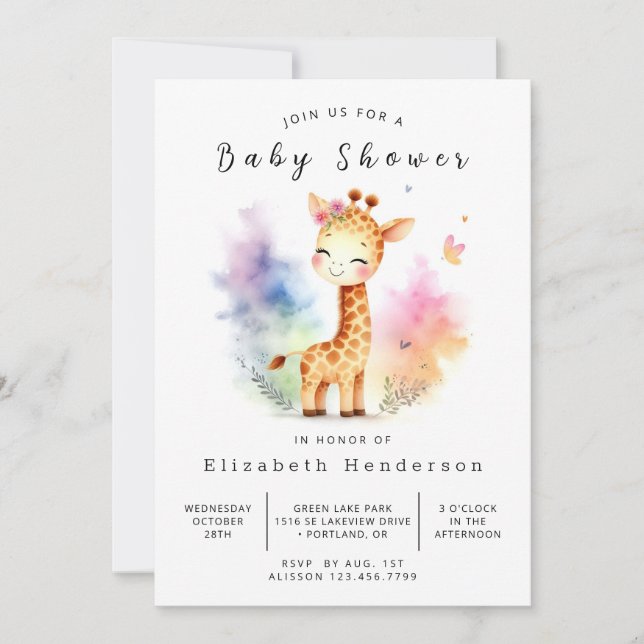 Boho Online Giraffe Babydusche Einladung (Vorderseite)