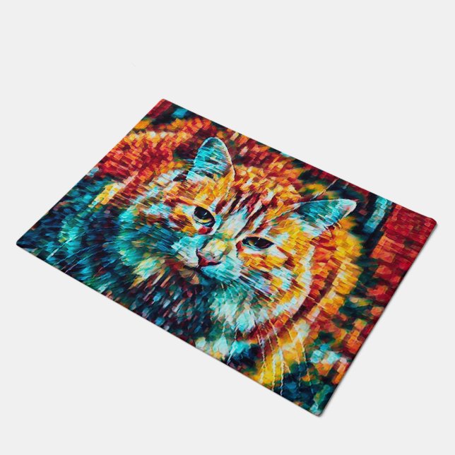 Boho orange blaue bunte Hippietabby-Katze Fußmatte (Schrägansicht)