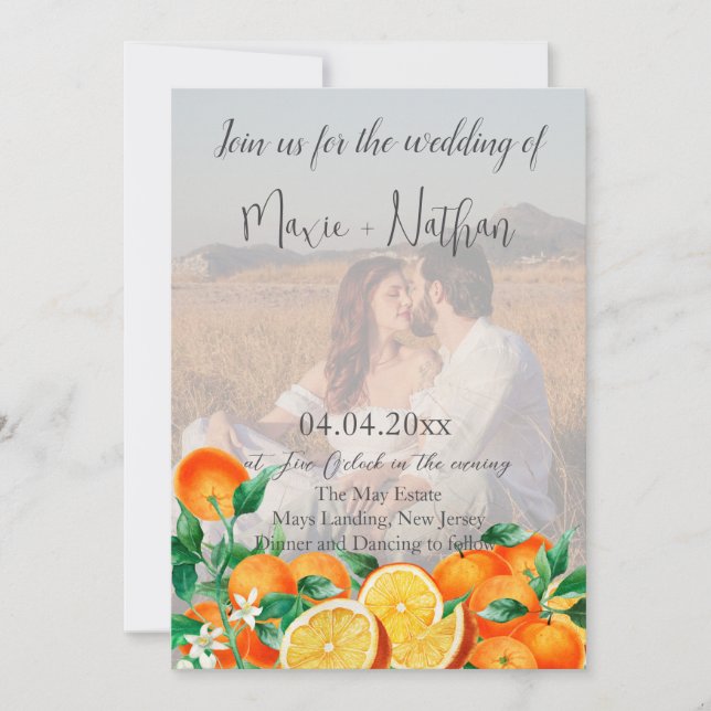 Boho Orange Blossom Foto QR Code Wedding Einladung (Vorderseite)