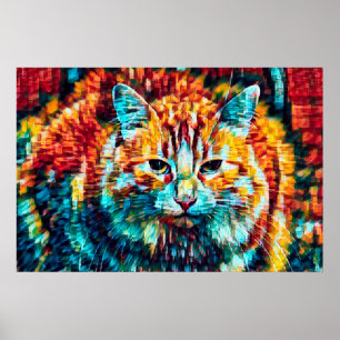 Boho Orange Blue Colorful Hippie Tabby Cat Poster