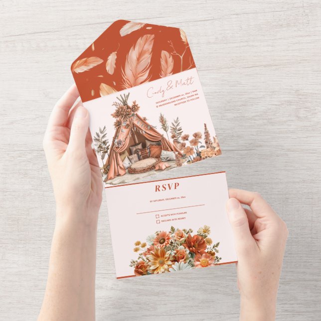 Boho Orange Blume alle in einer Hochzeitseinladung All In One Einladung (Abreißen)