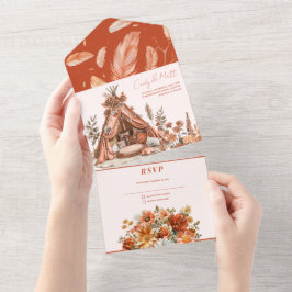 Boho Orange Blume alle in einer Hochzeitseinladung All In One Einladung