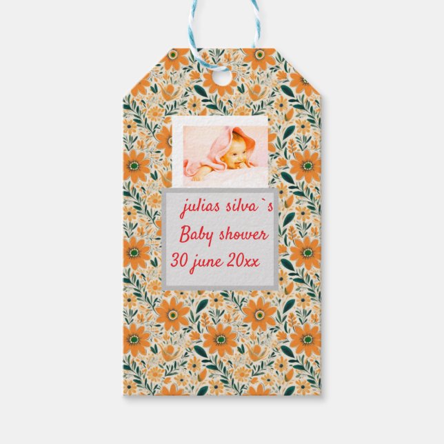 Boho orange Blume Babydusche Papiermaschine Napole Geschenkanhänger (Vorderseite)