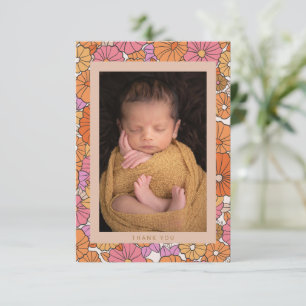 Boho Orange Blumige Zwei-Foto-Baby-Shower-Nachrich Dankeskarte
