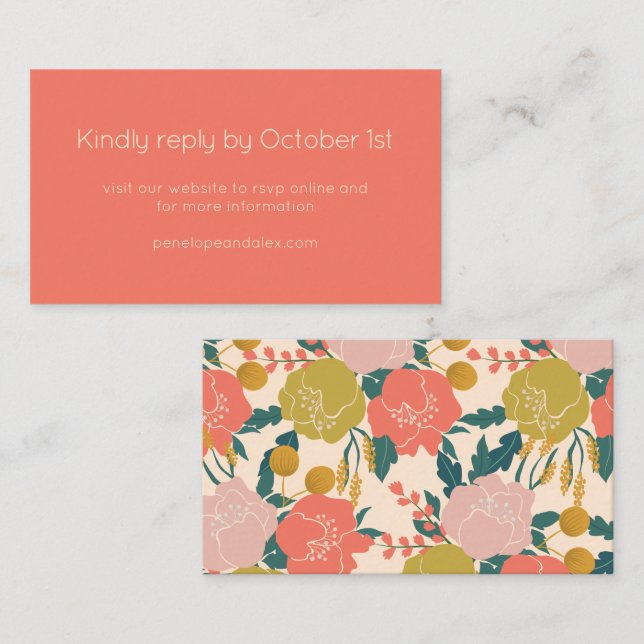 Boho Orange Botanical Floral Wedding RSVP Online Begleitkarte (Vorne/Hinten)