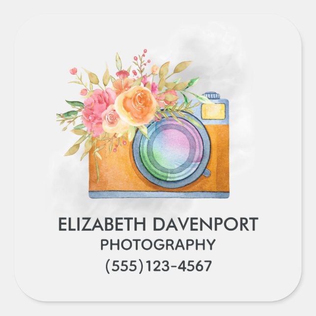 Boho Orange Camera & Blume Wasserfarbengeschäft Quadratischer Aufkleber (Vorderseite)