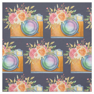 Boho Orange Camera & Blume Wasserfarbmuster Stoff