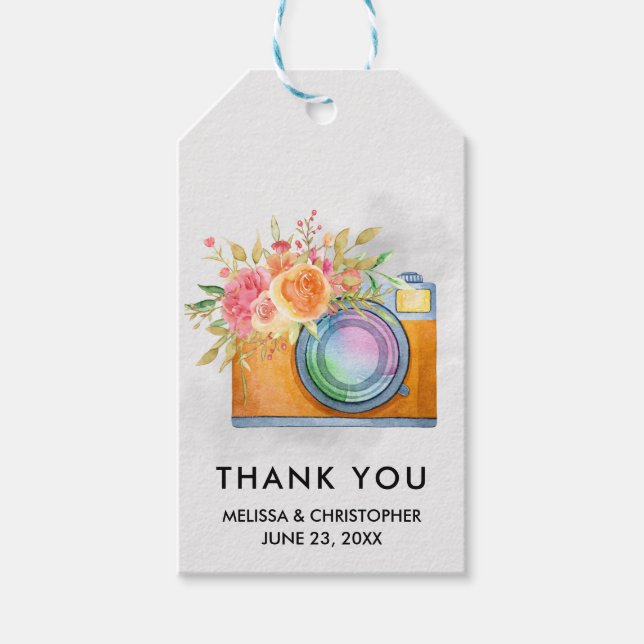 Boho Orange Camera & Floral Watercolor Wedding Geschenkanhänger (Vorderseite)