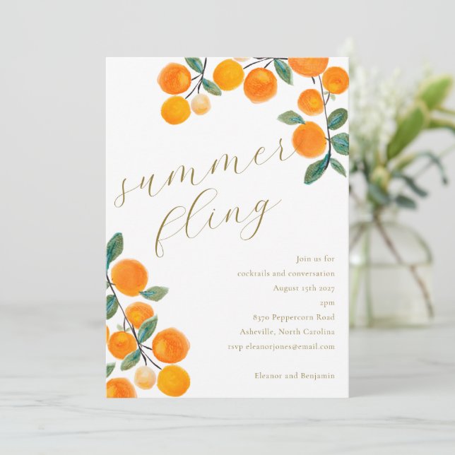 Boho Orange Citrus Fruit Watercolor Summer Flying Einladung (Stehend Vorderseite)