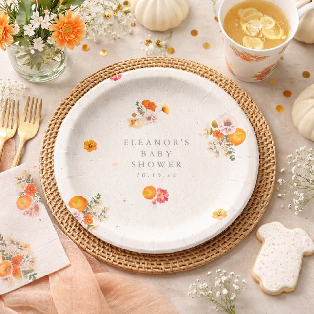 Boho Orange Cottagecore Floral Baby Shower Name Pappteller (Von Creator hochgeladen)