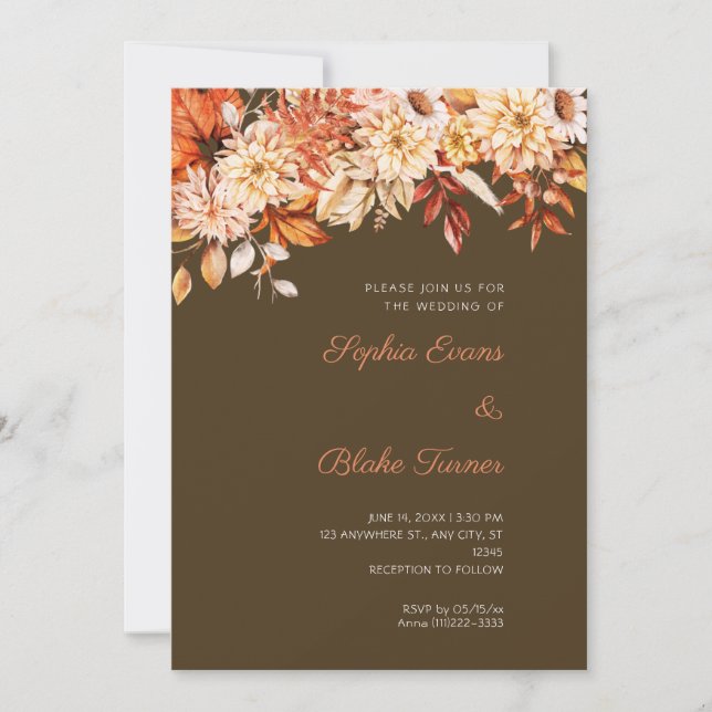 Boho Orange Floral Winter Kaffee Braun Hochzeit Einladung (Vorderseite)