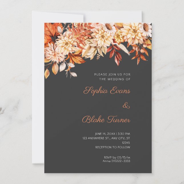 Boho Orange Floral Winter Pebble Gray Wedding Einladung (Vorderseite)
