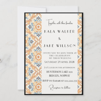 Boho Orange Geometric Italian Tile + Border Einladung