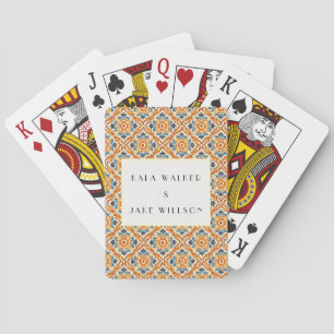 Boho Orange Geometric Italian Tile Wedding Spielkarten