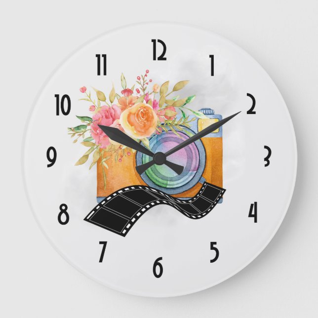 Boho Orange Kamera & Blume Aquarell Große Wanduhr (Vorderseite)