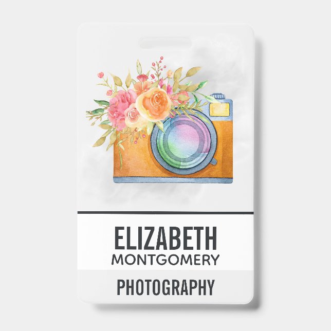 Boho Orange Kamera & Floral Bouquet Wasserfarbe Ausweis (Vorderseite)