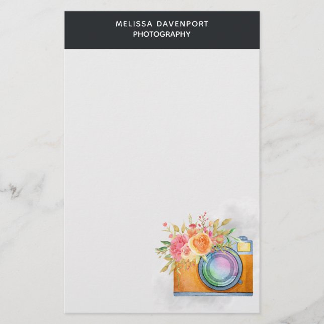 Boho Orange Kamera & Floral Bouquet Wasserfarbe Briefpapier (Vorderseite)