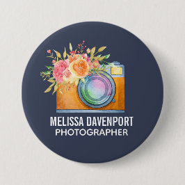 Boho Orange Kamera & Floral Bouquet Wasserfarbe Button